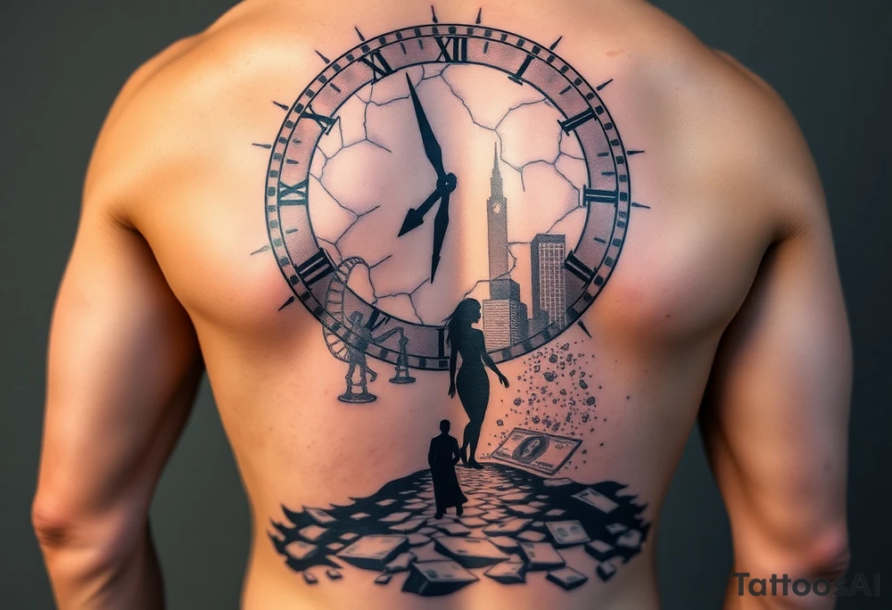 epic futuristic full back tattoo, cyberpunk storytelling design, giant cracked clock above symbolizing lost time, sand turning into digital particles, lonely man standing in a neon futuristic city, fading silhouette of a woman walking away representing lost love, falling money dissolving into dust symbolizing lost fortune, emotional and dramatic atmosphere, black and grey tattoo with subtle neon accents, ultra detailed, full back tattoo composition, tattoo stencil style tattoo idea