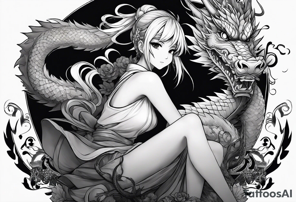 a full shot of an anime girl seen from far, sitting on a ball and surrounded by asian dragon with wings tattoo idea
