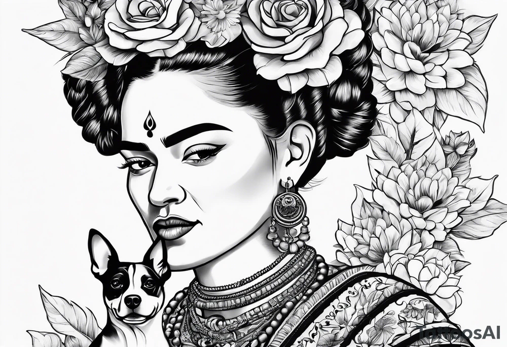 Frida khalo smoking a hookah while carrying a puppy dog tattoo idea