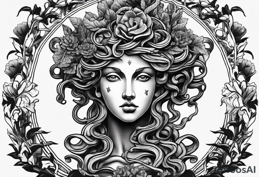 medusa sculpture bust with plants and cracks in sculpture. minimal artistic edgy tattoo idea