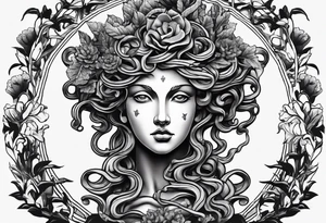 medusa sculpture bust with plants and cracks in sculpture. minimal artistic edgy tattoo idea