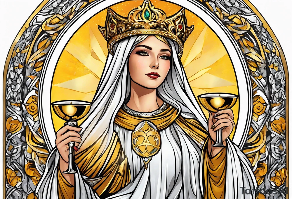 holy saint woman with golden halo holding a chalice tattoo idea