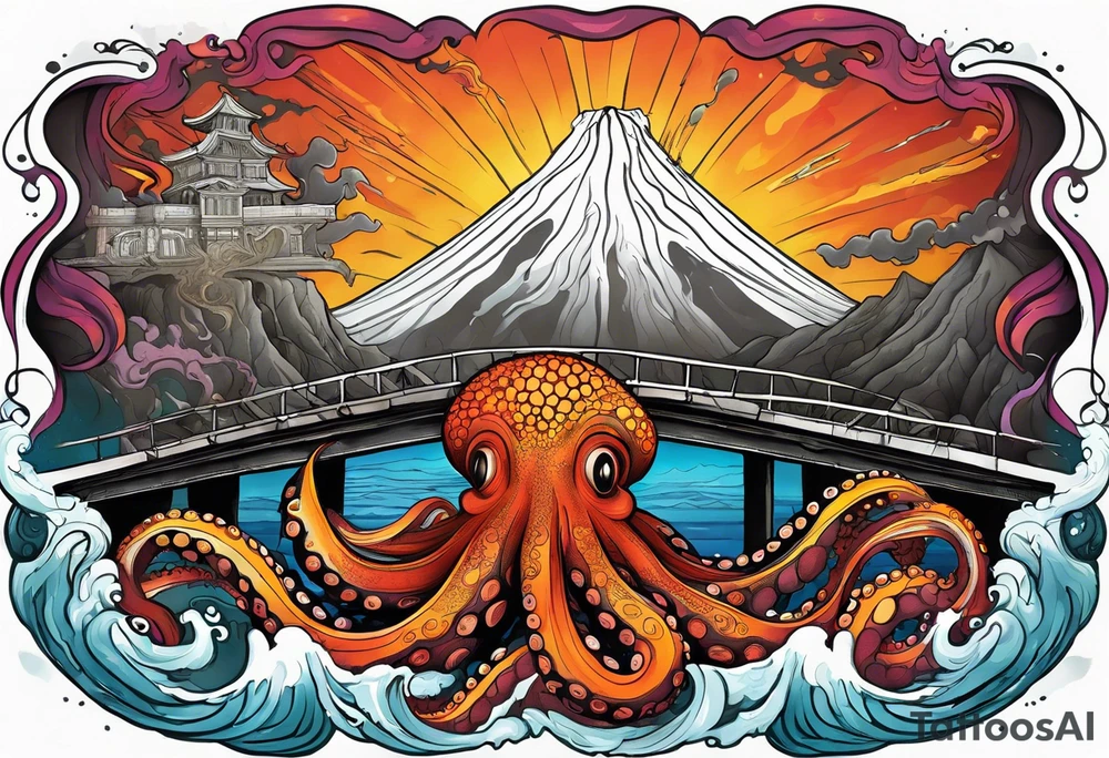 Octopus attacking a bridge with volcano in background erupting tattoo idea