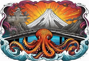 Octopus attacking a bridge with volcano in background erupting tattoo idea