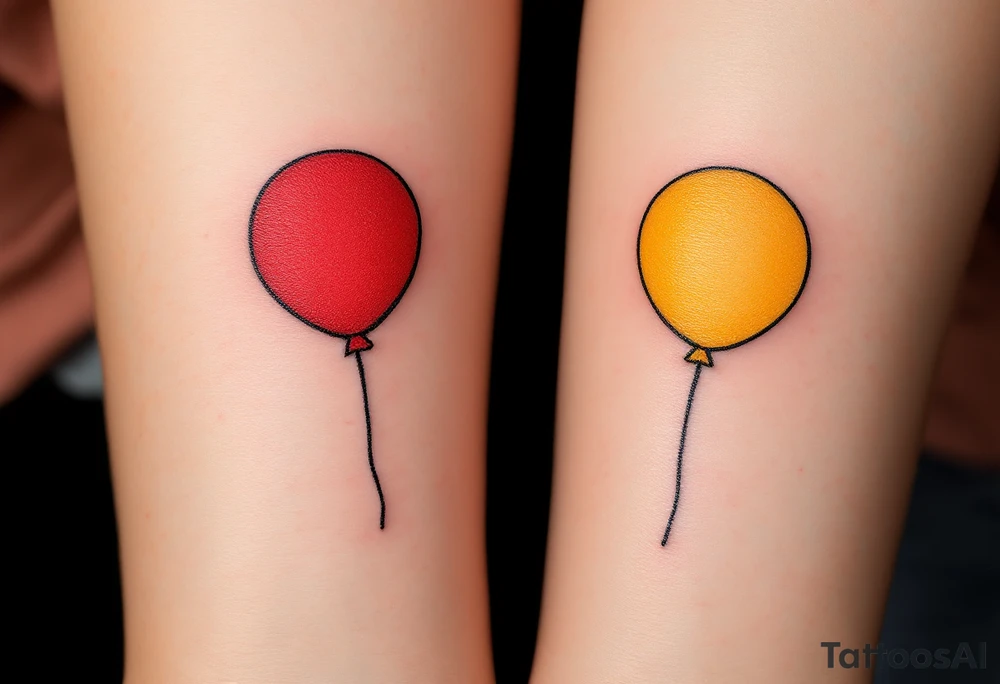 Two matching colorful balloons, the first bright red and the second bright yellow, placed on each person’s forearm. tattoo idea