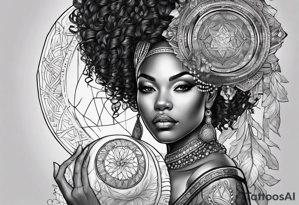 Black woman, royalty, enlightenment, wisdom, astronomy, cancer zodiac, natural, love, strength, power tattoo idea