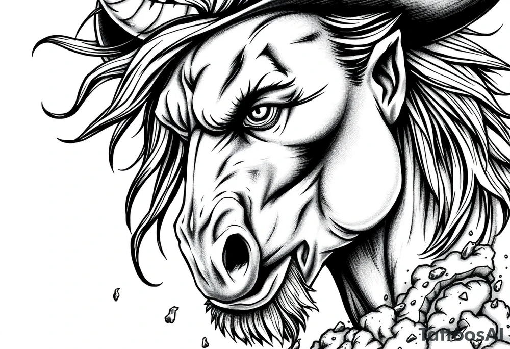 Close-up on a demon cowboy's face, horse's mane flowing, volcanic ash falling. tattoo idea
