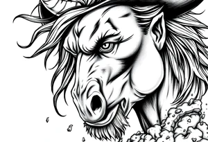 Close-up on a demon cowboy's face, horse's mane flowing, volcanic ash falling. tattoo idea