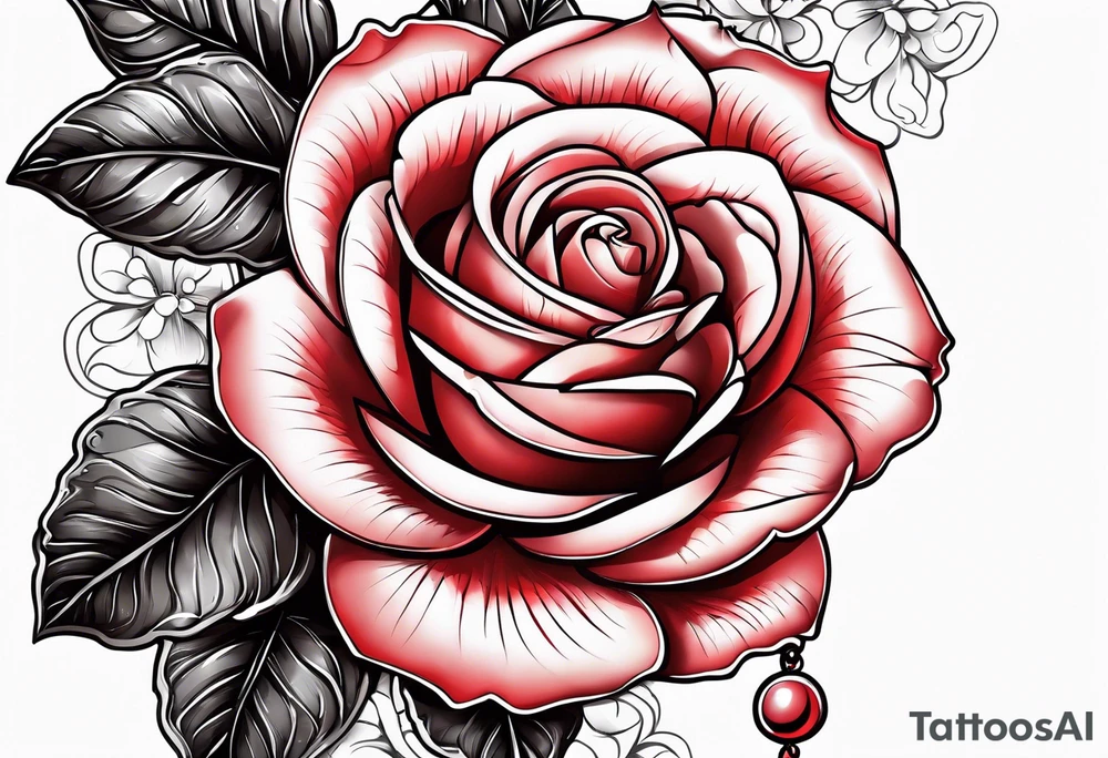 Red rose with a pearl necklace dangling tattoo idea