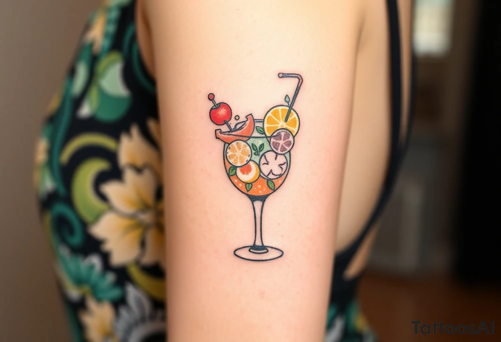 Fun cocktail that you would get on a Caribbean cruise in a short square glass with lots of garnishes tattoo idea