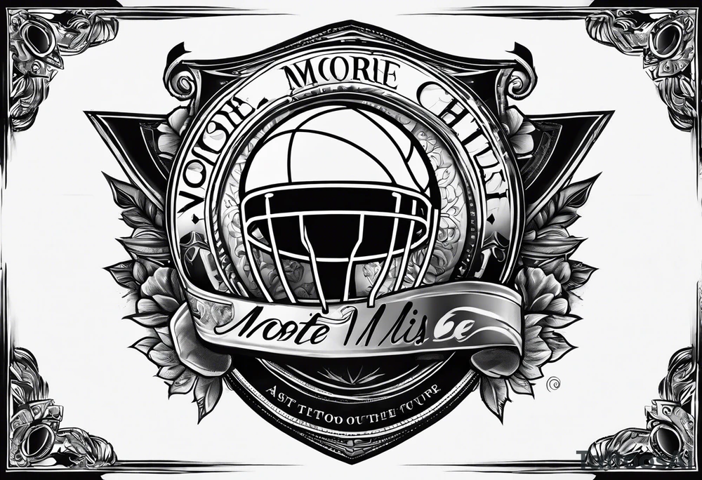 A thigh tattoo of the name Moore and also says from the past we rise to our future somehow tie a small basketball into it tattoo idea