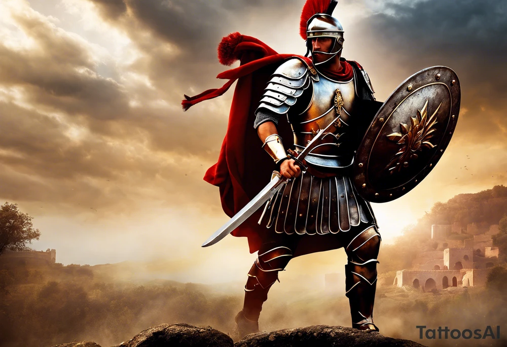 a roman soldier from AD 60, wearing armor which must include an armoured belt, breastplate, armoured shoes, shield, helmet and sword.
the soldier must look strong. the soldier is faceless. The image must include the full person, not just the top half. The soldier is mid-battle, fending off flaming arrows with his shield tattoo idea