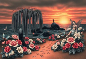 Dark ocean with rocks sunset, weeping willow garden with roses and lilies flower beds. fantasy creatures, fairies, siren, dragonflies, butterflies, cat paw prints path in dirt. tattoo idea