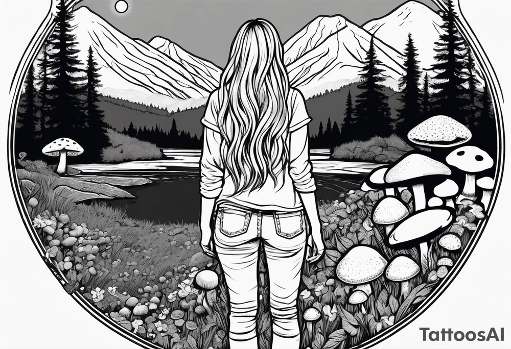 Whole picture encircled fully

Straight long blonde hair hippie girl in distance holding mushrooms in hand facing away toward mountains and creek surrounded by mushrooms tee shirt and hiking pants; whole rendering within a full circle, no cut off circle tattoo idea