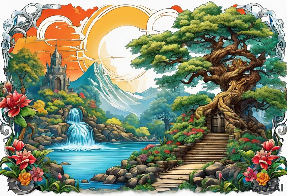 A mural with an water theme, a tree growing up out of the garden and a warrior defending tattoo idea