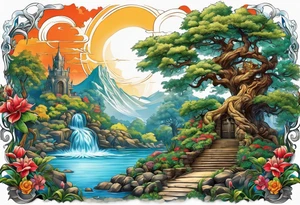 A mural with an water theme, a tree growing up out of the garden and a warrior defending tattoo idea