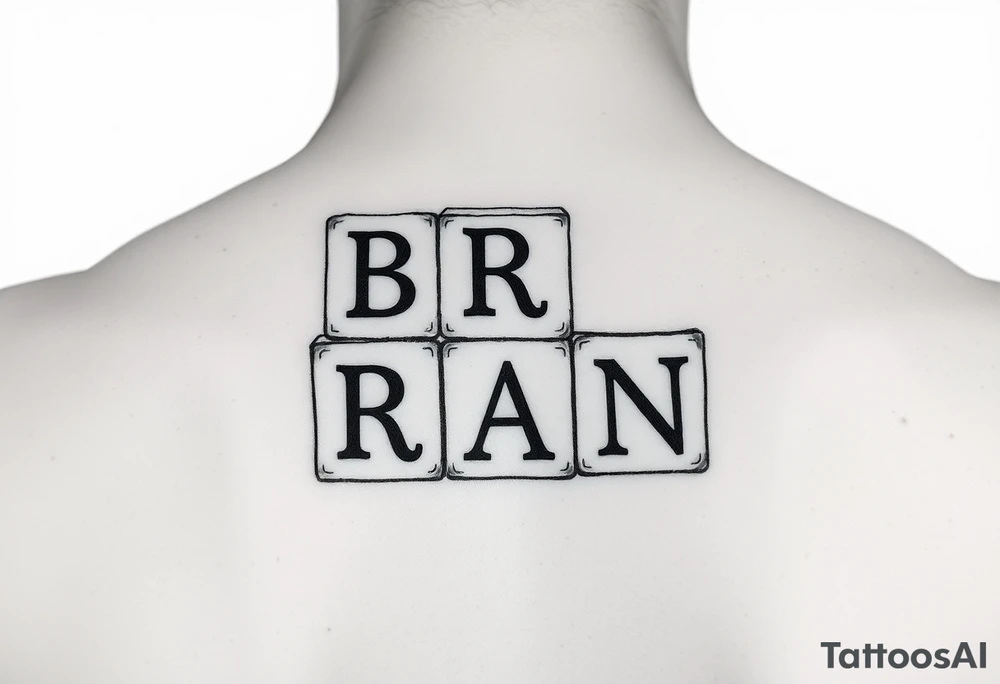 I WANT 5 TOY BABY BLOCKS STACKED ON TOP OF EACH OTHER AND I WANT EACH OF THEM TO HAVE A LETTER IN THEM. B, R, I, A, N tattoo idea