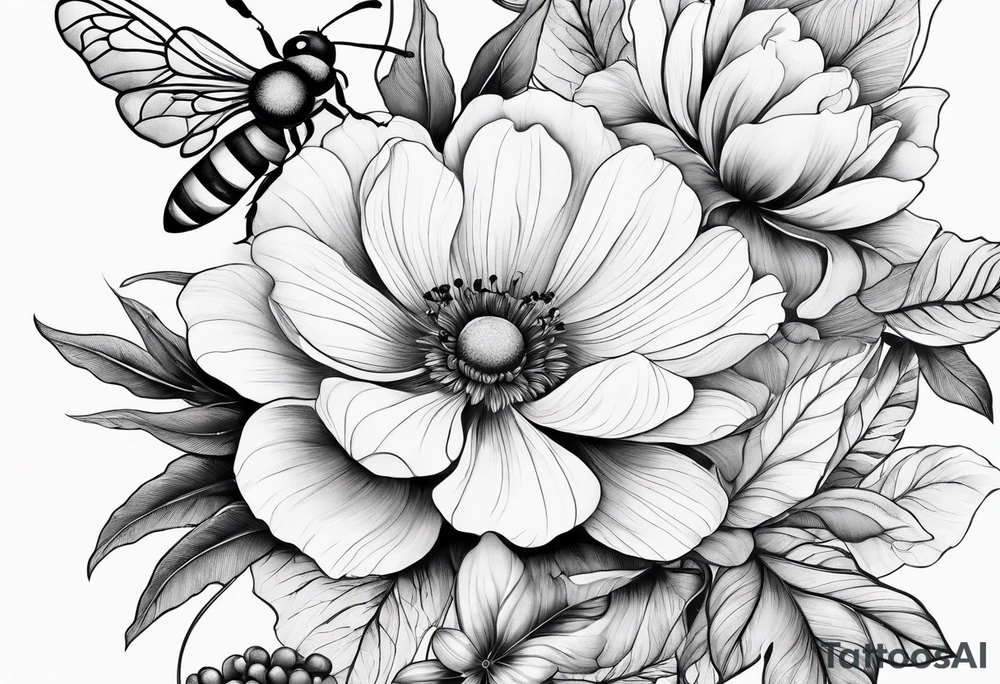 Arm wrap floral dainty soft leaves with bee tattoo idea