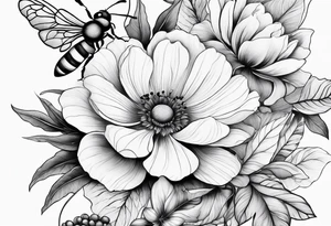 Arm wrap floral dainty soft leaves with bee tattoo idea