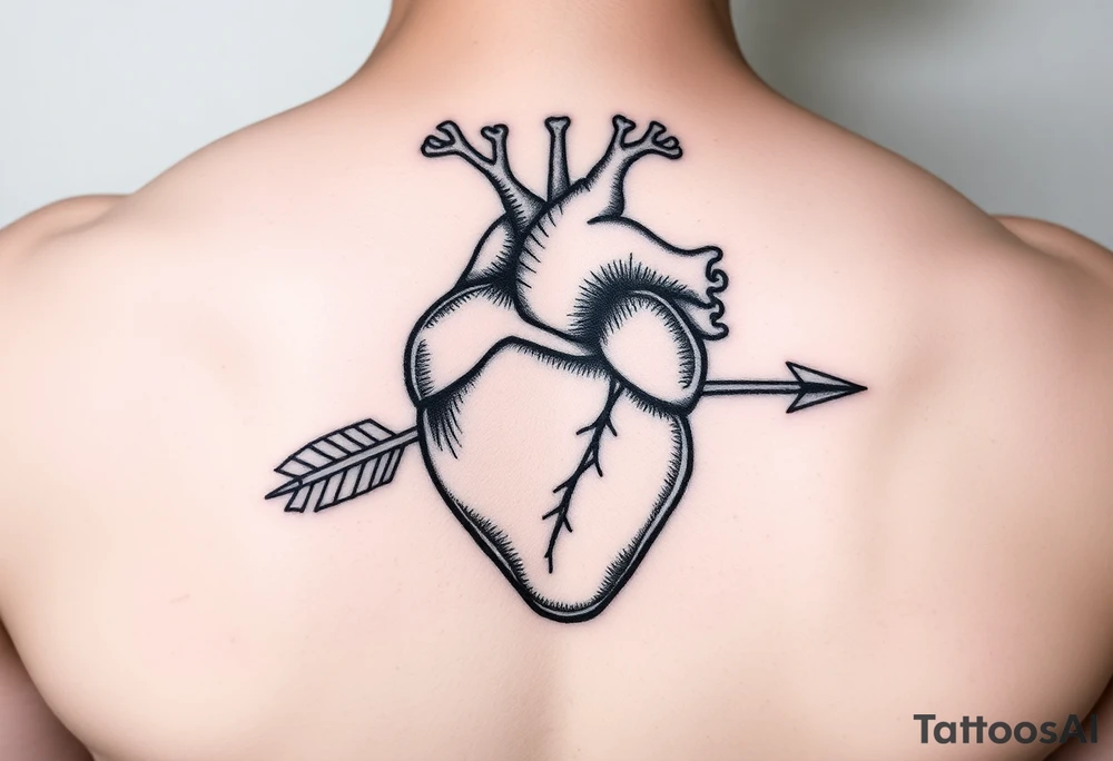 anatomical heart pierced by ornate arrow with representation of surviving addiction tattoo idea