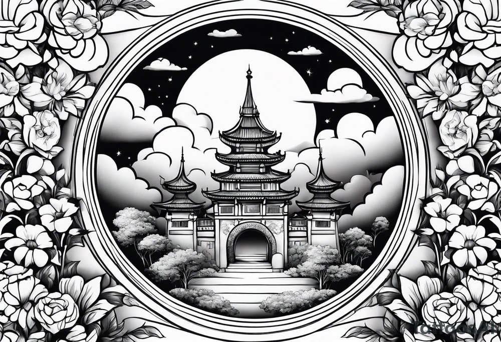 heaven town with tower houses gate entrance
in circle vignette surrounded by clouds flowers tattoo idea