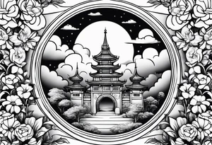 heaven town with tower houses gate entrance 
 in circle vignette surrounded by clouds flowers tattoo idea