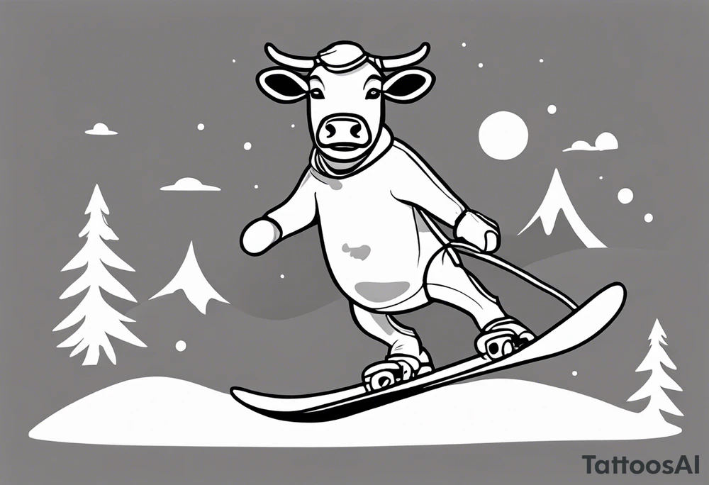 Generate a minimalist and simple black and white tattoo design featuring a joyful cow snowboarding, wearing goggles. Focus on essential lines and details to convey the playful spirit of the scene. The cow should exude confidence while effortlessly snowboarding down a snowy slope. Keep the design clean and uncluttered, suitable for a small to medium-sized tattoo space. Emphasize the charm and whimsy with the addition of goggles, ensuring the overall aesthetic remains simple and minimalistic. The goal is to create a visually appealing and easily recognizable tattoo that captures the essence of a cow enjoying a snowboarding adventure tattoo idea