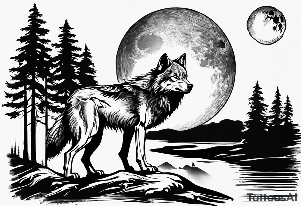 Wolf face a river under it the full moon above big pine trees tattoo idea