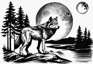 Wolf face a river under it the full moon above big pine trees tattoo idea