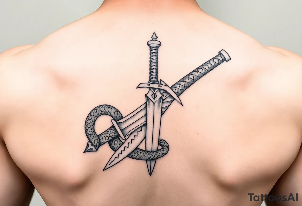 mystical snake coiled around an ancient dagger with jeweled hilt tattoo idea
