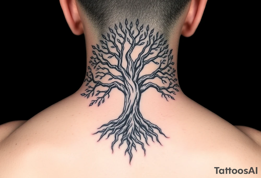 mystical tree of life with cosmic roots and celestial branches tattoo idea