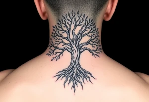 mystical tree of life with cosmic roots and celestial branches tattoo idea