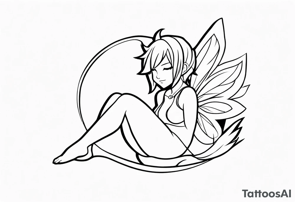 No color fairy with a tail inspired by the logo of the anime show called Fairy Tail in a fetal position leaning in and forward while sleeping tattoo idea