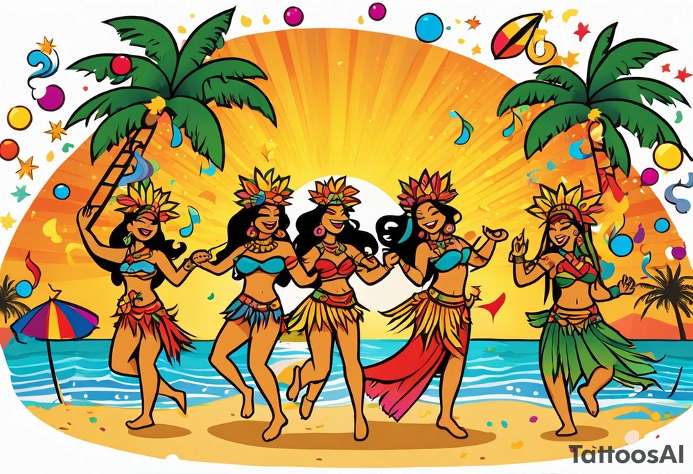 dancing tiki gods and hula girls on the left and right side of a beach party scene with confetti and music notes with a setting sun in the center of the image. the sun is the focal point with the characters only at the sides tattoo idea