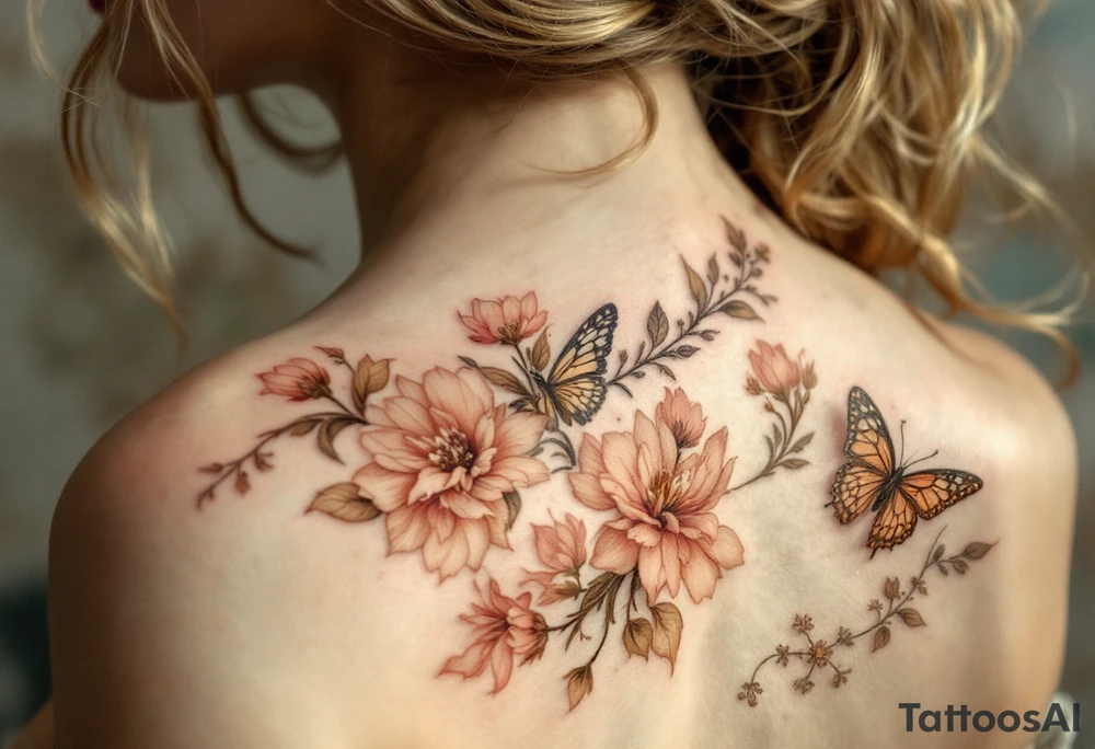 Alfons Mucha’s floral fairy in soft beige and blush tones, with ornamental frames in antique brass and muted coral. tattoo idea