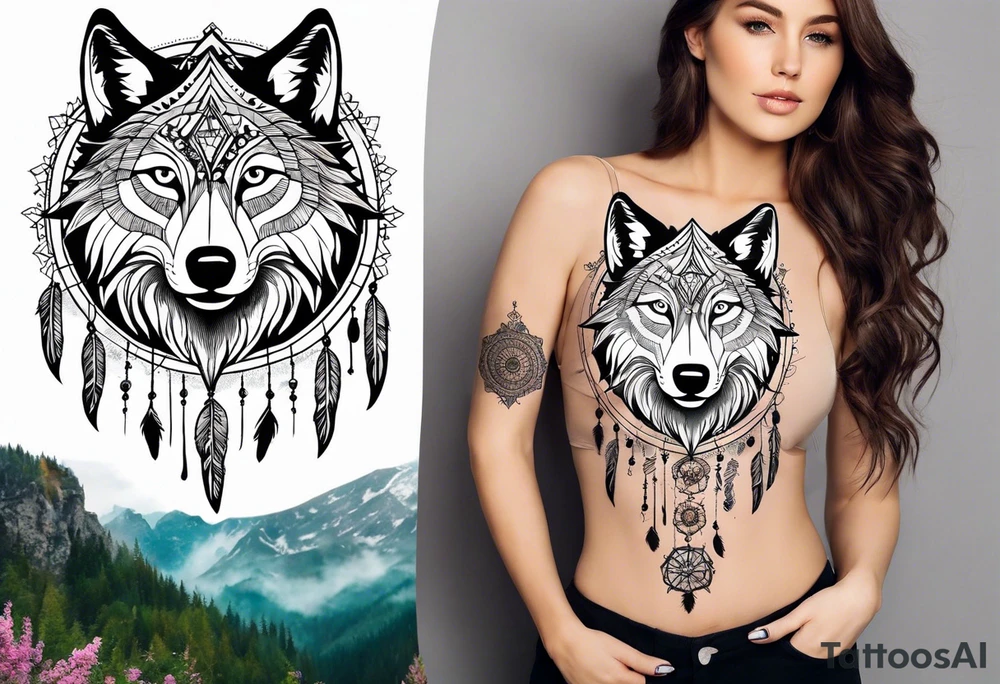 A whimsical wolf tattoo featuring mandala or dream catcher elements, with the wolf as the central focus. Show the wolves whole body standing surrounded by mountains in the background. Include flowers and nature elements to fill the space around the wolf. Some color but not completely solid bold color tattoo idea