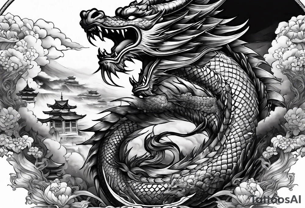 Tatto the Dragón and samurai in zen circule, tori gate tattoo idea