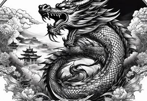 Tatto the Dragón and samurai in zen circule, tori gate tattoo idea