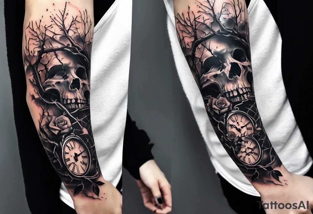 tattoo sleeve, tree roots break out of the chains at the bottom of the hand, Symbolizing loss, an image of a broken mask, Clock with flying numbers, girl, skull, roses tattoo idea