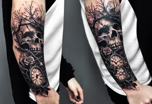 tattoo sleeve, tree roots break out of the chains at the bottom of the hand, Symbolizing loss, an image of a broken mask, Clock with flying numbers, girl, skull, roses tattoo idea