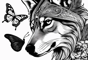 Peacock feather and wolf puppy with butterfly tattoo idea