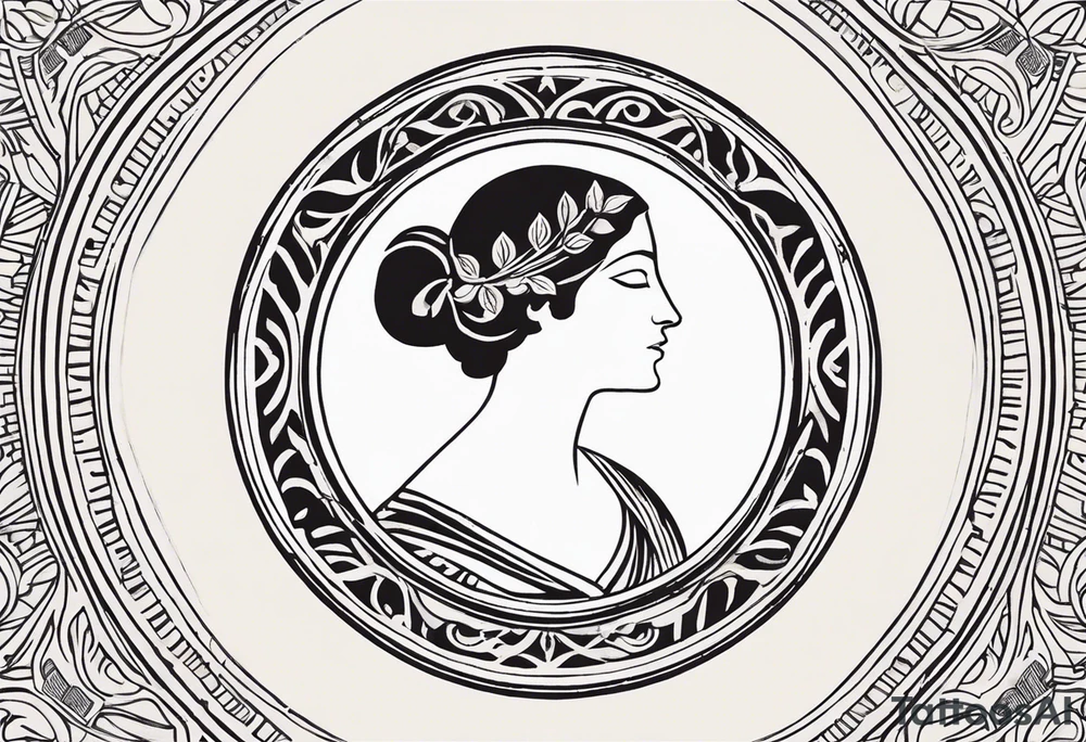 "Craft a minimalist round tattoo inspired by ancient Greek art, featuring Clio, the muse of history and lyre-playing. Design a circular composition with Clio depicted in the center, holding a scroll. Surround her with simple yet symbolic elements such as laurel wreaths, scrolls, or geometric patterns reminiscent of ancient Greek pottery. Ensure the design maintains a minimalist style, with clean lines and limited detail, while capturing the essence of Clio's affinity for knowledge and the arts within the circular frame." tattoo idea