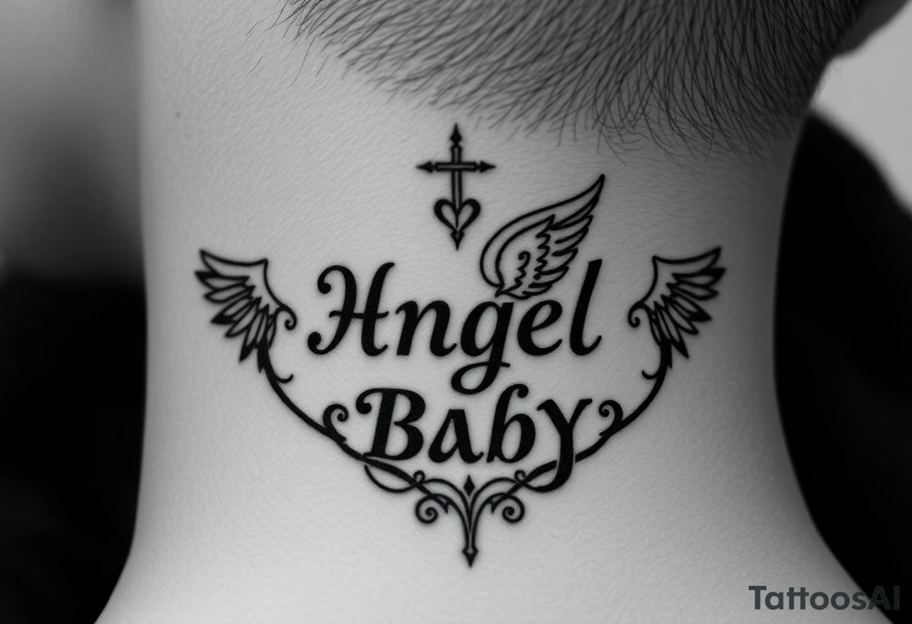 Heaven love theme surrounding the name angel baby tattoo idea
