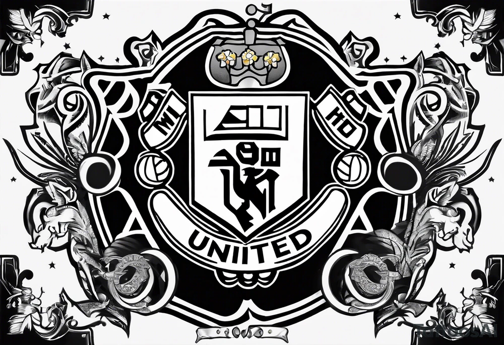 Manchester United, two cats, God, edm, all combined into one art. manchester united crest to be the focal point tattoo idea