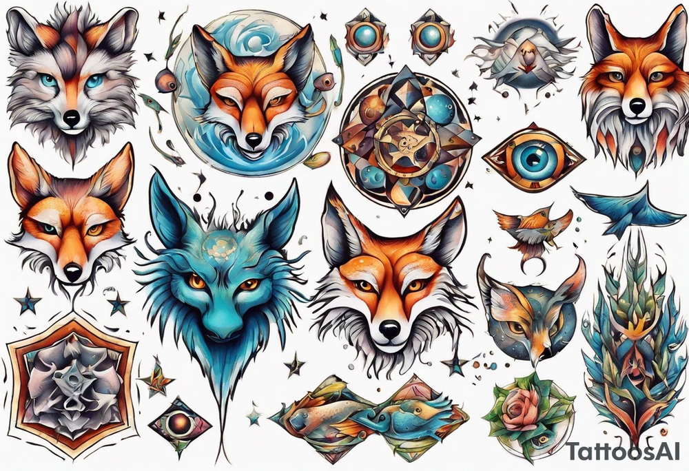 fisch, fuchs und eule , symetrie universum, bunt tattoo idea