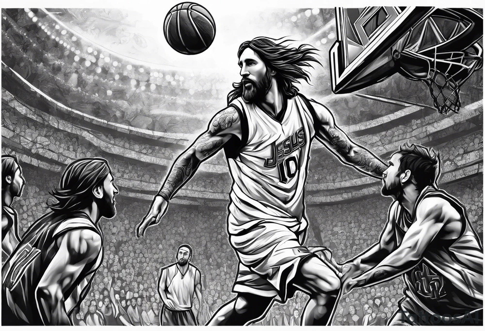 jesus christ playing basketball against messi tattoo idea