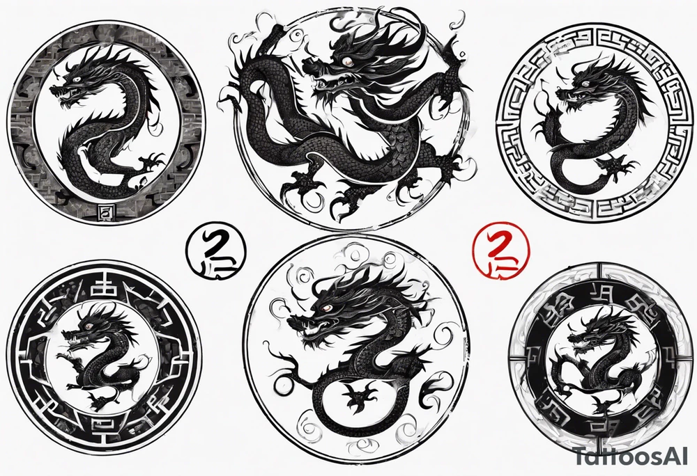Chinese dragon in a circular shape with "02.03" written on its skin tattoo idea
