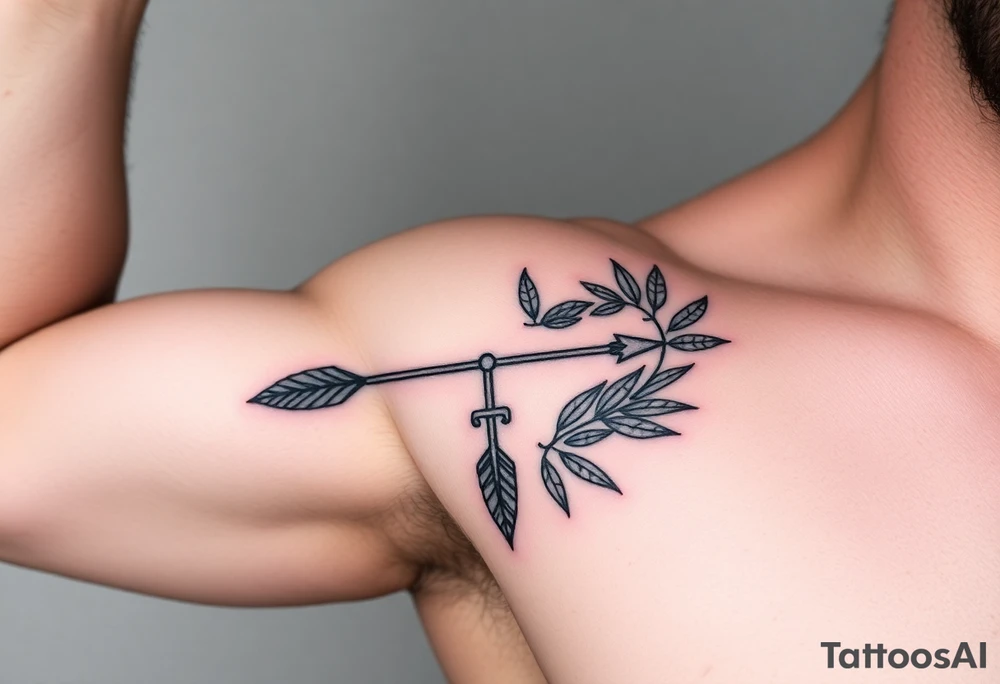 make me a  a Leo zodiac  with an arrow coming out down and two sides surrounded by an olive tree leaf tattoo idea