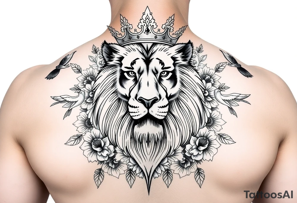 powerful majestic lion with a crown, surrounded by floral ornaments and birds tattoo idea