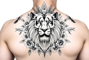powerful majestic lion with a crown, surrounded by floral ornaments and birds tattoo idea